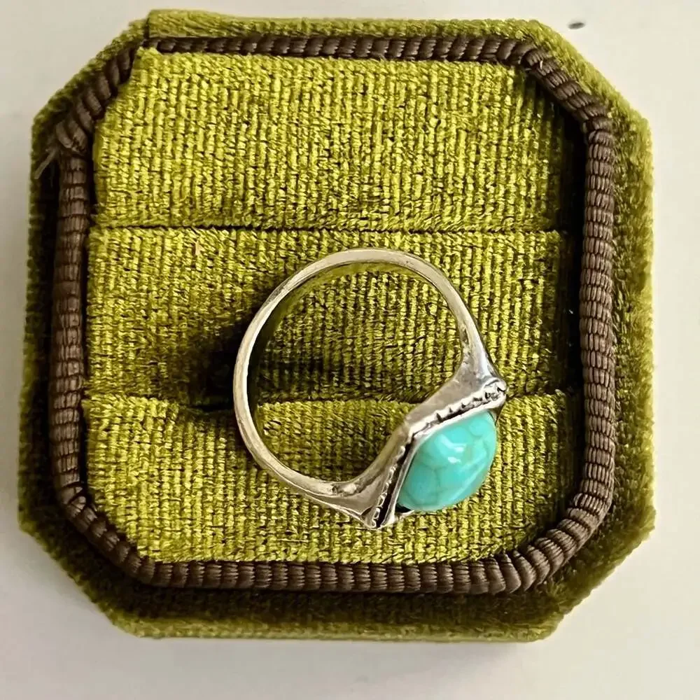 Bohemian Style Turquoise Square Titanium Steel Statement Ring Size 6